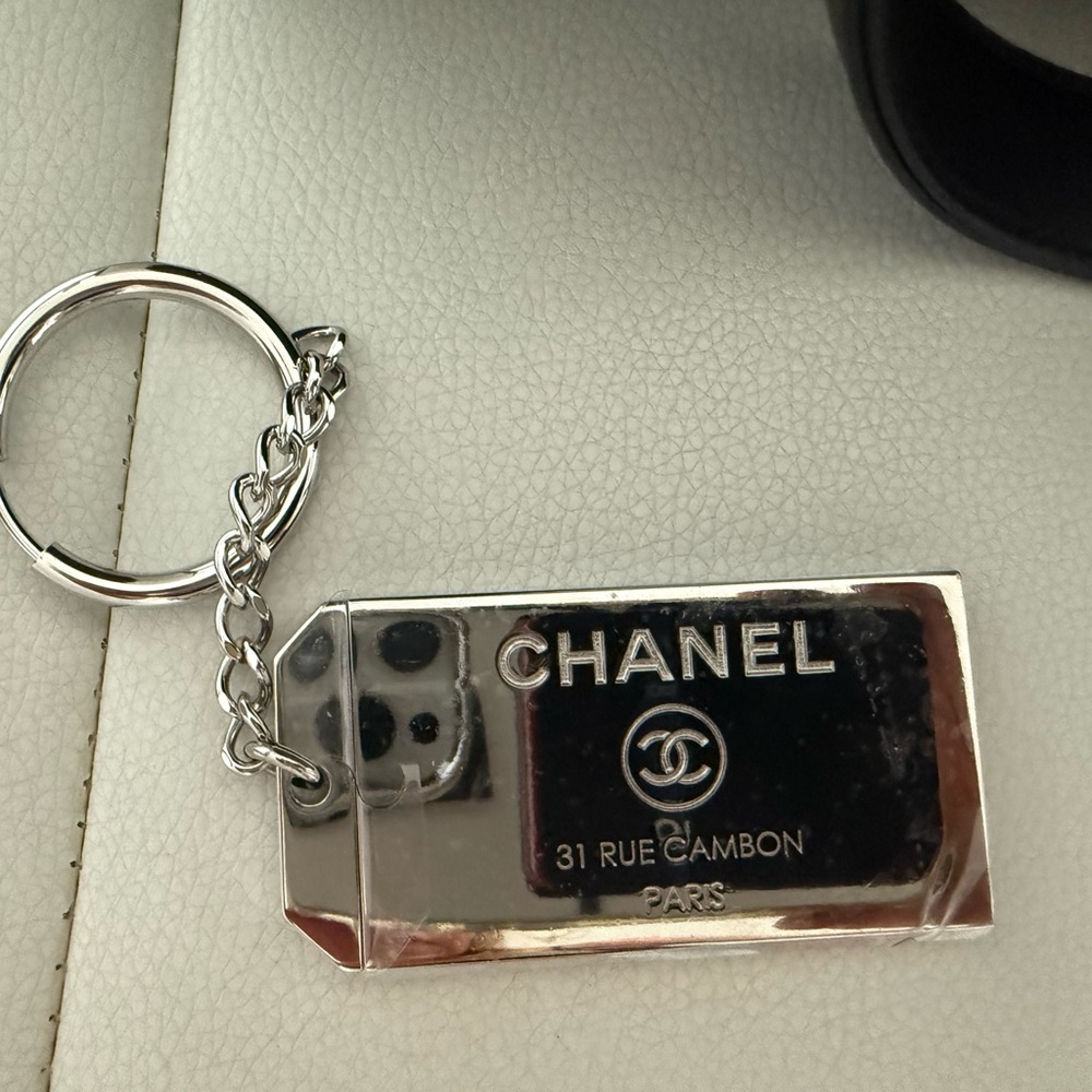 Authentic CHANEL Silver Logo Rectangular Keychain from Chanel Bowling Bag